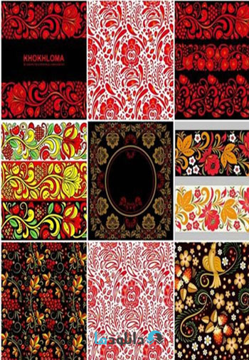 Floral%20Patterns%20And%20Ornaments%20In%20Khokhloma%20Style دانلود تصاویر وکتور پترن با طرح های گلدار تزئینی Floral Patterns And Ornaments In Khokhloma Style 